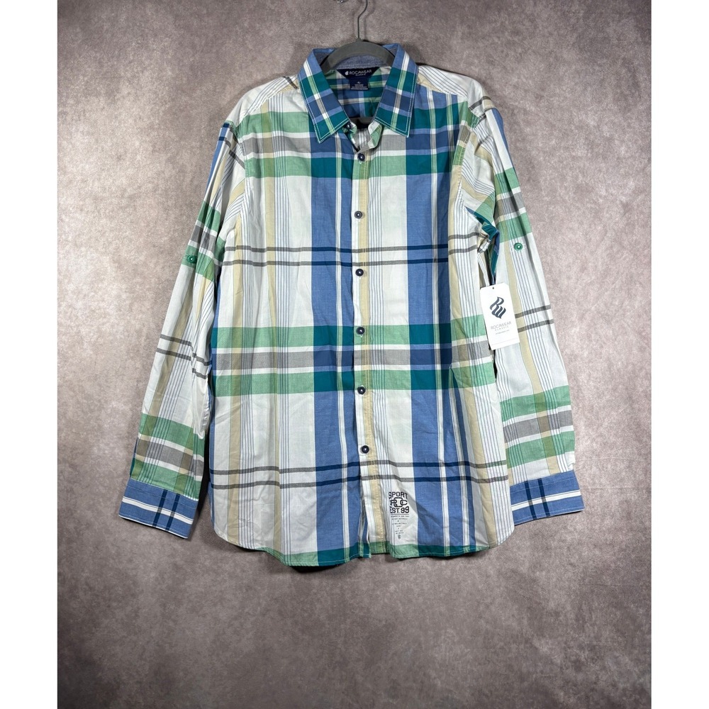 Rocawear Shirt Mens XL Blue Green White Plaid Button Down Long Sleeve Cotton NEW